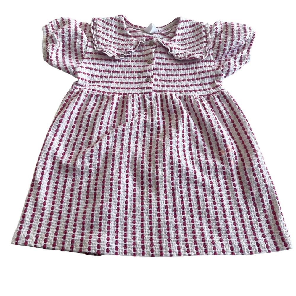 Zara  Girls Short Sleeve Textured Stripe Ruffled Trim Neck Dress 12-18  Months